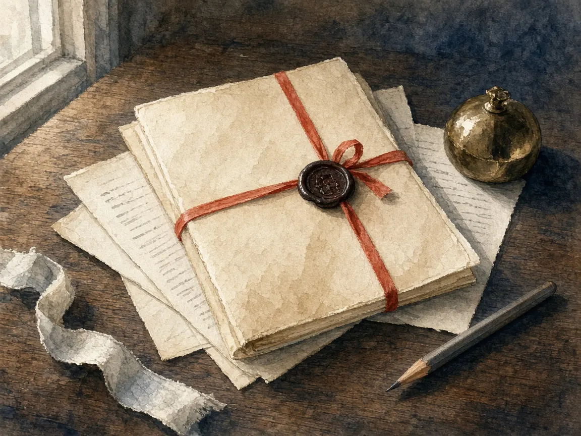 Watercolour still life of a cream folio tied with vermilion tape and sealed in wax, beside a pencil and a brass weight.