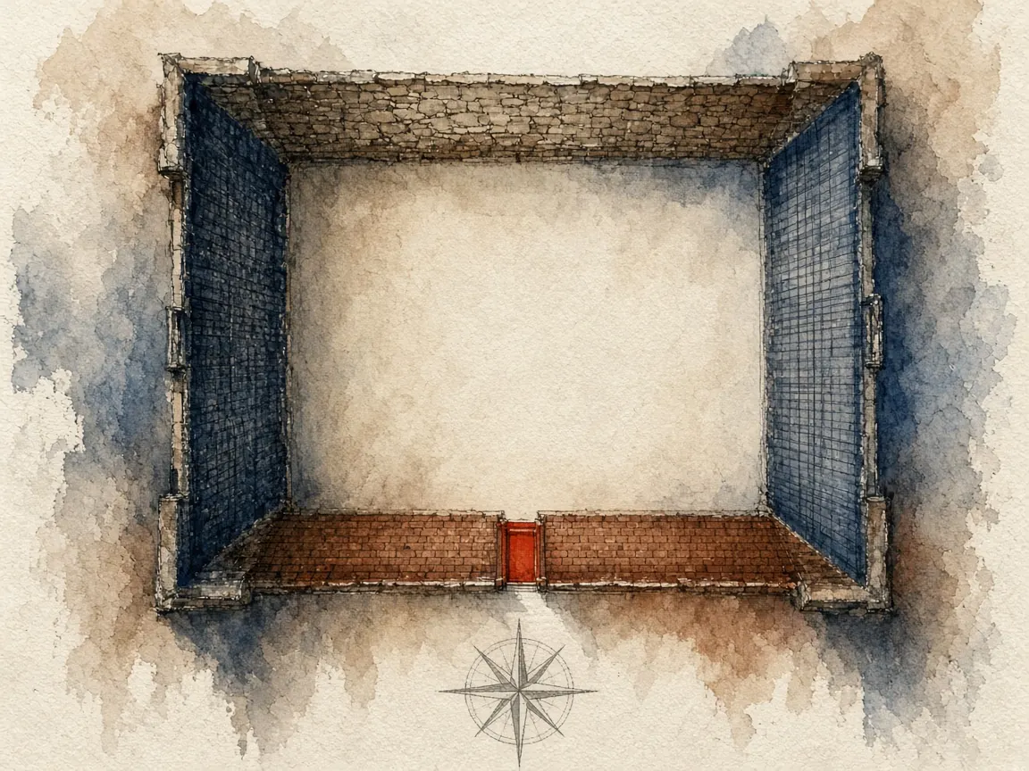 Watercolour architectural plan of a four-walled courtyard with a small vermilion door and a graphite compass rose.