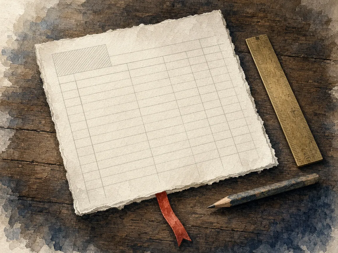 Watercolour of a blank ruled ledger on a wooden desk with a brass ruler and a pencil.